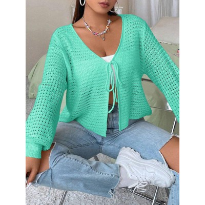 Coolmee Women's Plus Size Cardigan Top Hollow Out Open Knit Sweater Ladies Tie Front Shrug