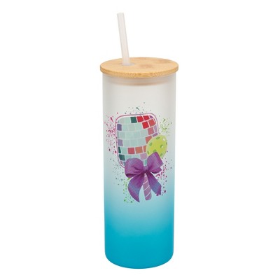 Elanze Designs 25 Ounce Frosted Glass Gradient Travel Tumbler With Straw and Wooden Lid, Disco Pickleball Paddle Sky Blue