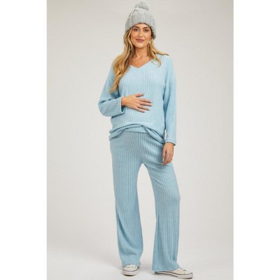 PinkBlush Light Blue Ribbed Soft Knit Long Sleeve Maternity Pajama Set