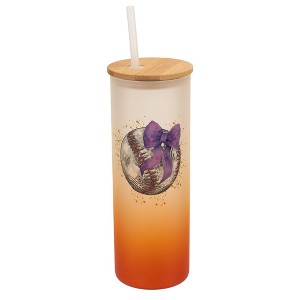 Elanze Designs 25 Ounce Frosted Glass Gradient Travel Tumbler With Straw and Wooden Lid, Baseball With Purple Bow Orange - 1 of 1