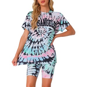 INSPIRE CHIC Women's Tie Dye Round Neck Top with Biker Shorts Loungewear Set - 1 of 4
