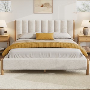 Christopher Knight Home Witt Modern Wood Boucle Platform Bed with Vertical Stripes Headboard, White - 1 of 4