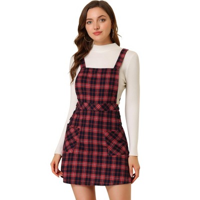 button design plaid suspender dress