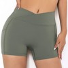 Anna-Kaci Active Women's V-Cross Front Wide Band Stretchy Side Pocket Detail Biker Shorts - 3 of 4
