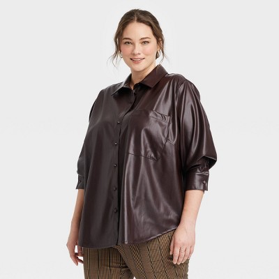 Women's Long Sleeve Faux Leather Button-Down Shirt - A New Day™