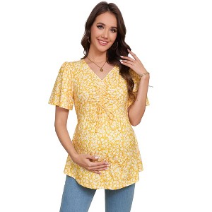 BLUEMING Womens Maternity Drawstring Front V Neck T Shirts Short Sleeve Tops Pleated Casual Shirt - 1 of 4