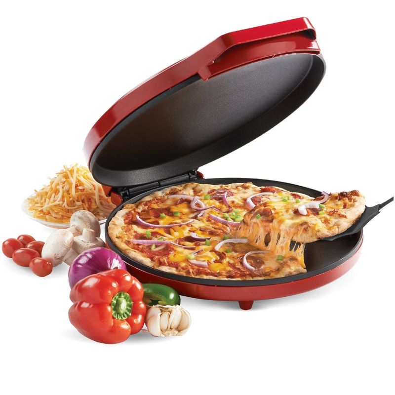 Betty Crocker Pizza Maker Plus, 12" Indoor Electric Grill, Nonstick Griddle Pan for Pizzas, Quesadillas, Tortillas, Nachos and more, Red, 1 of 14