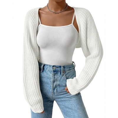 Womens Winter Sweater Shrugs Thick Sweater Knit Bolero Long Sleeve Open Front Cropped Sweater Knit Jackets,Milk White - L