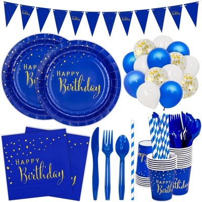 DYLIVeS 204 Pcs Blue Birthday Decorations Packs,Happy Birthday Party Supplies Navy Blue Plates and Napkins Cups Straws Balloons Banner Cutlery Set