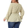Agnes Orinda Women's Plus Size Round Neck Button Up Puff Floral Long Sleeve Casual Peplum Blouses - 4 of 4