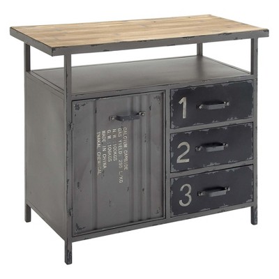 Gray Industrial Metal Cabinet with Wood Top and Drawers