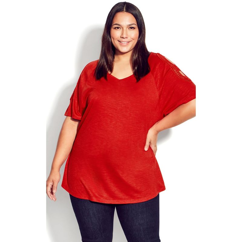 Women's Plus Size Crochet Cut Out Top - salsa red | AVENUE, 1 of 7