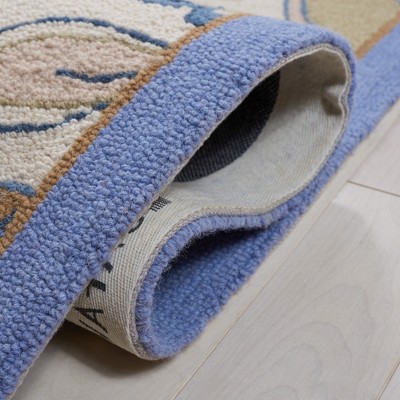 Ivory and Blue Floral Hand-Knotted Wool Area Rug