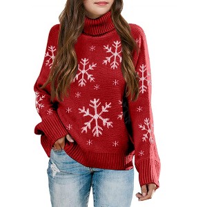 Girls Christmas Turtleneck Sweaters, Kids Long Sleeve Chunky Knit Pullover Tops for Winter - 1 of 2