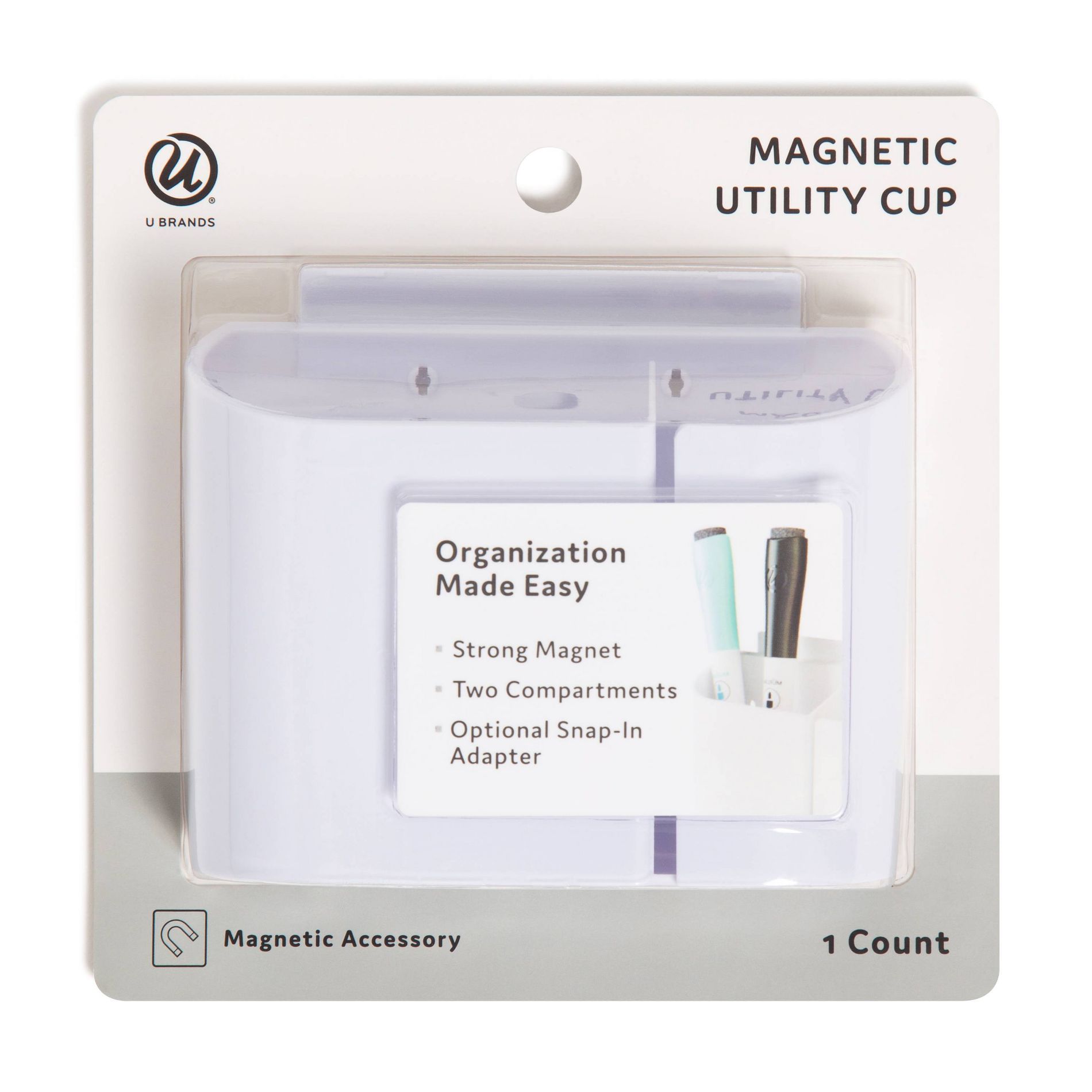 U Brands Utility Cup Magnetic Storage GRUV White: Magnetic Pen Holder for Whiteboard & Locker, Plastic Presentation Board Accessory