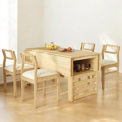 Modern 5-Piece Extendable Dining Table Set with Drop Leaves, Storage Shelf, and Upholstered Chairs for Dining Room
