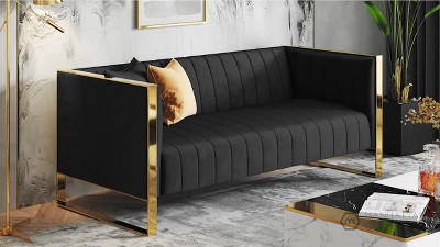 Aqua Blue Velvet and Rose Gold Metal 3-Seater Sofa