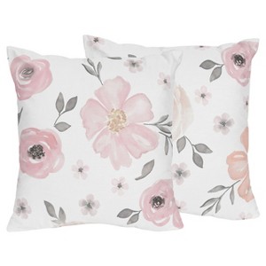 Sweet Jojo Designs Girl Decorative Throw Pillow Covers 18in. (Pillow Inserts Not Included) Watercolor Floral Pink Grey and White 2pc - 1 of 4