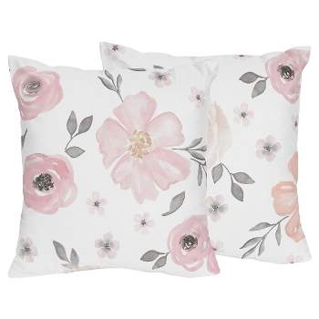 Sweet Jojo Designs Set of 2 Decorative Accent Kids' Throw Pillows 18in. Watercolor Floral Pink and Grey