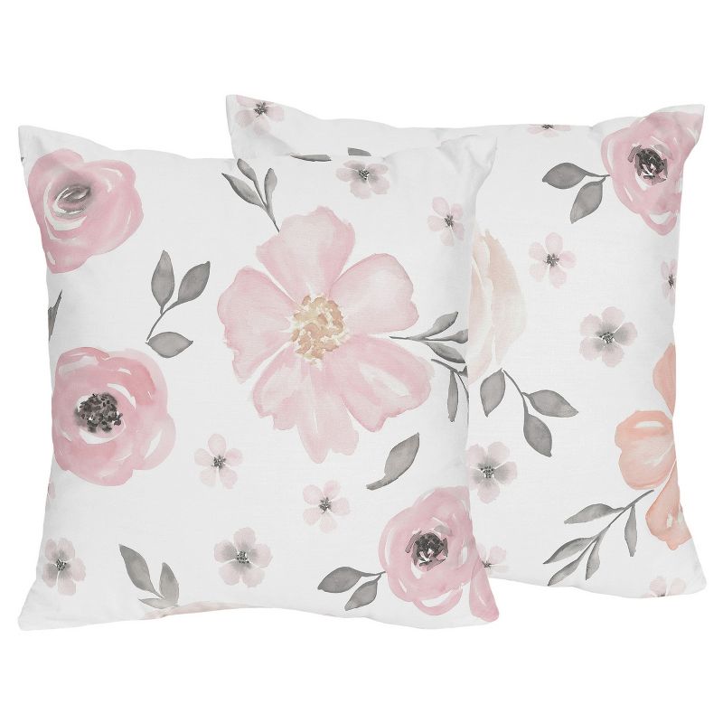 Sweet Jojo Designs Set of 2 Decorative Accent Kids' Throw Pillows 18in. Watercolor Floral Pink and Grey, 1 of 6