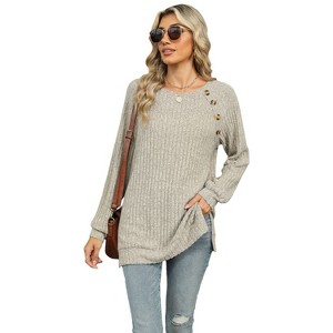 Coolmee Womens Sweaters Fall Winter Crewneck Long Sleeve Shirts Fall Outfits Fashion Clothing Side Slit Shirt with Button - 1 of 4