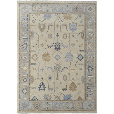 Gray Ivory and Blue Wool Floral Hand Knotted Area Rug With Fringe