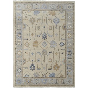 Gray Ivory and Blue Wool Floral Hand Knotted Area Rug With Fringe - 1 of 4