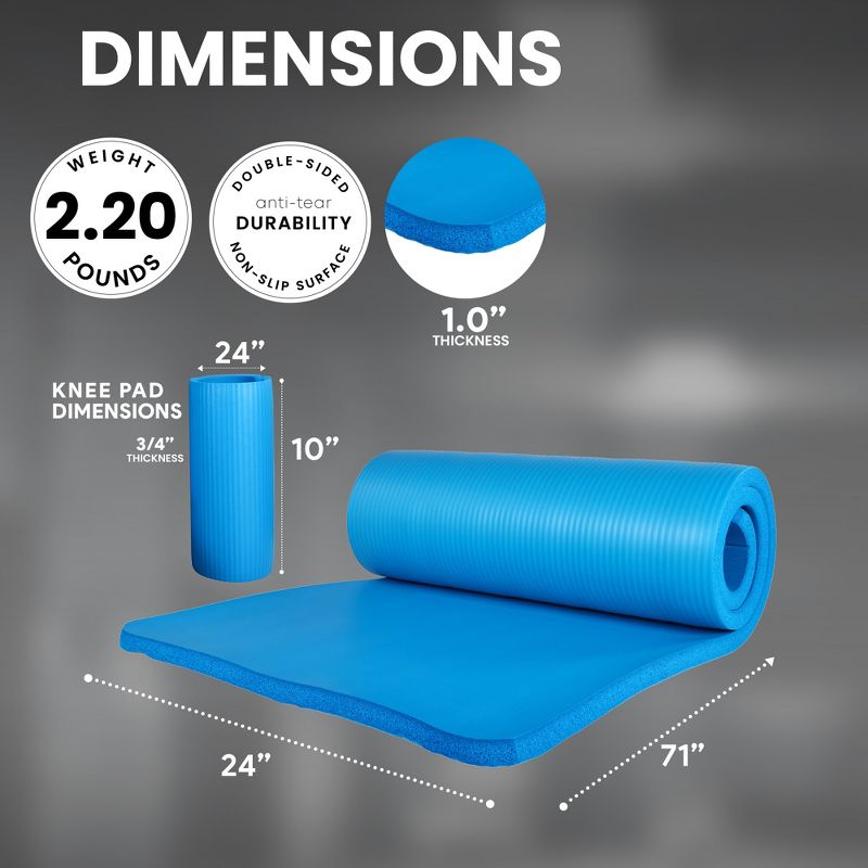 BalanceFrom Fitness 71 x 24 x 1'" All-Purpose Extra Thick Non-Slip High Density Anti-Tear Exercise Yoga Mat with Knee Pad & Carrying Strap, Blue, 4 of 7