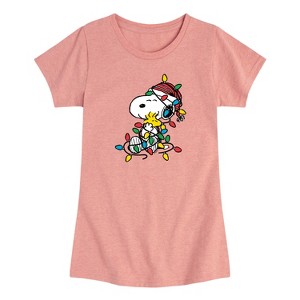 Girls' - Peanuts - Snoopy Woodstock Christmas Lights Short Sleeve Graphic T-Shirt - 1 of 3