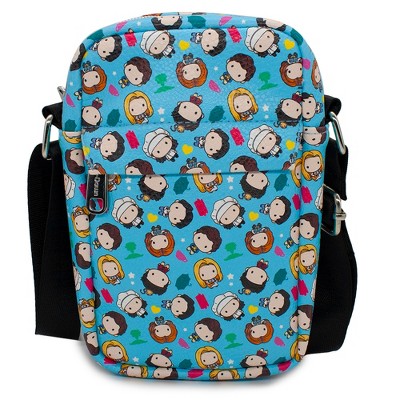 Friends Bag, Crossbody, with Friends Chibi Character Kids and Icons Scattered, Blue, Vegan Leather