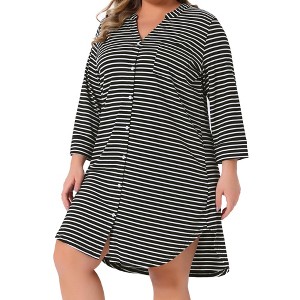 Agnes Orinda Women's Plus Size Stripe Button Down 3/4 Sleeve Side Slits Soft Lounge Midi Nightshirt with Pocket - 1 of 4