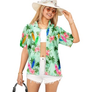 HAPPY BAY Summer Vacation Button Down Short Sleeve Camp Blouse Casual Holiday Hawaiian Shirts Tops Blouses Womens Flora - 1 of 4