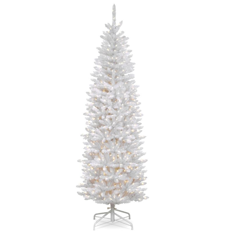 National Tree Company 7 ft Artificial Pre-Lit Slim Christmas Tree, White, Kingswood Fir, White Lights, Includes Stand, 1 of 6
