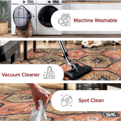 Judy Rust and Brown Medallion Washable Synthetic Area Rug