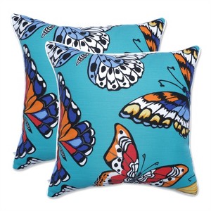 Butterfly Garden 2pc Outdoor/Indoor Throw Pillows Turquoise - Pillow Perfect - 1 of 4