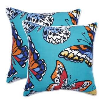 Butterfly Garden 2pc Outdoor/Indoor Throw Pillows Turquoise - Pillow Perfect