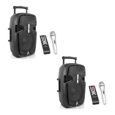  Pyle Pro 1000 Watt Portable Versatile Bluetooth PA Loud Speaker Karaoke System with Rolling Wheels, Extended Pull Handle, & Wired Mic, Black (2 Pack) 