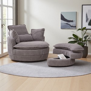 Corduroy Swivel Chair with Storage Ottoman and Back Pillow - 1 of 4