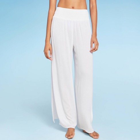 Women's Smocked Waist Side Slit Cover Up Pants - Shade & Shore™ White S :  Target