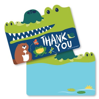 Big Dot of Happiness Pond Pals - Shaped Thank You Cards - Frog Alligator Turtle & Beaver Birthday Party or Baby Shower Cards with Envelopes -Set of 12