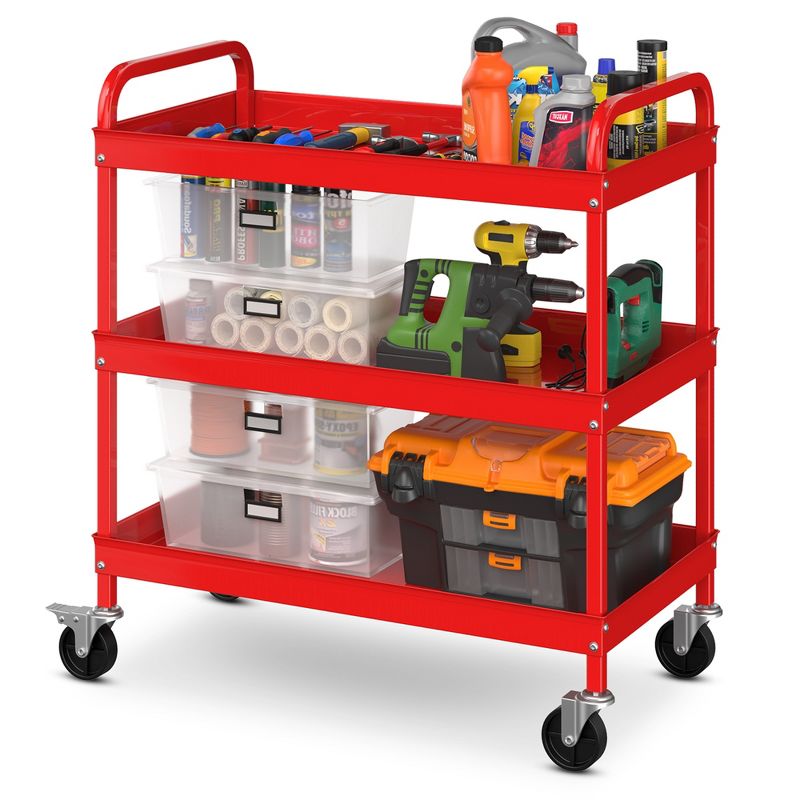 Costway 3-Tier Metal Utility Cart 400 lbs Storage Service Trolley Tool Storage Red, 1 of 10