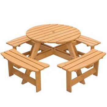 Gardenised Wooden Outdoor Patio Garden Round Picnic Table with Bench, 8 Person