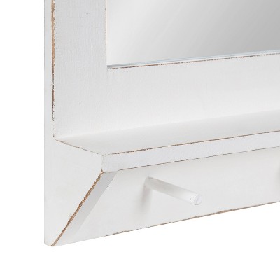White Rectangular Wood Wall Mirror with Shelf and Hooks
