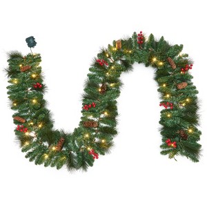Pre-Lit Christmas Garland, Artificial Pine Garland with Pine Cones & Red Berries, Battery Operated 20 LED Lights Christmas Decorations for Front Door - 1 of 4