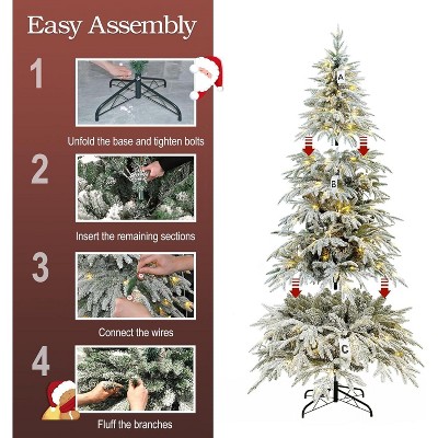 Hrinhom 8FT Slim Flocked Christmas Tree Pre-lit, Skinny Noble Artificial Christmas Tree Easy Assembly