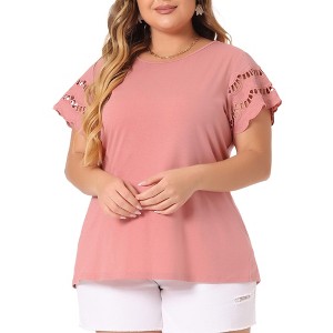 Agnes Orinda Women's Plus Size Round Neck Hollow Lace Panel Short Sleeve Casual Summer Blouses - 1 of 4