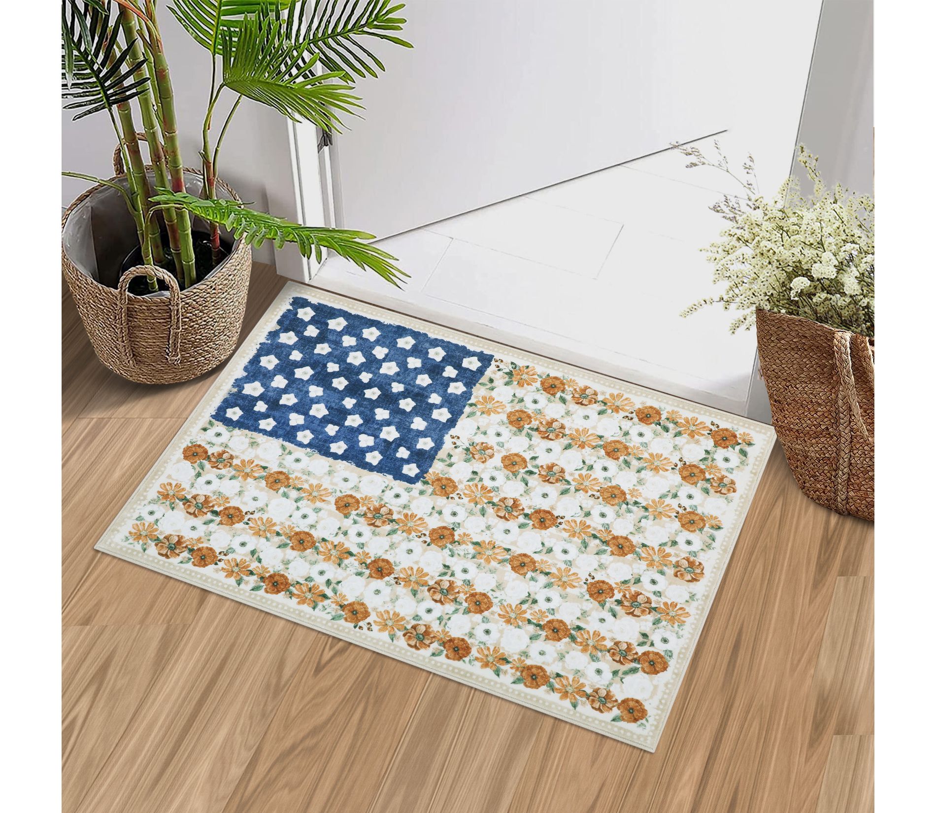 Vintage American Flag Area Rugs, Patriotic US Stars Stripes Flags Washable Non-Slip Carpet