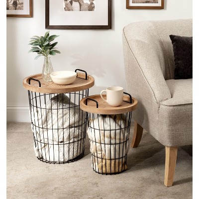 Rustic Brown and Black Round Wood & Metal Nesting End Tables, 2-Piece Set