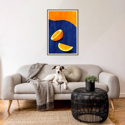Large Orange and Blue Abstract Citrus Canvas Art with Beaded Frame