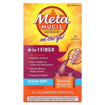 Metamucil On-The-Go, 4-in-1 Fiber, Orange, Sugar Free, 30 Powder Packets, 0.21 oz (5.8 g) Each